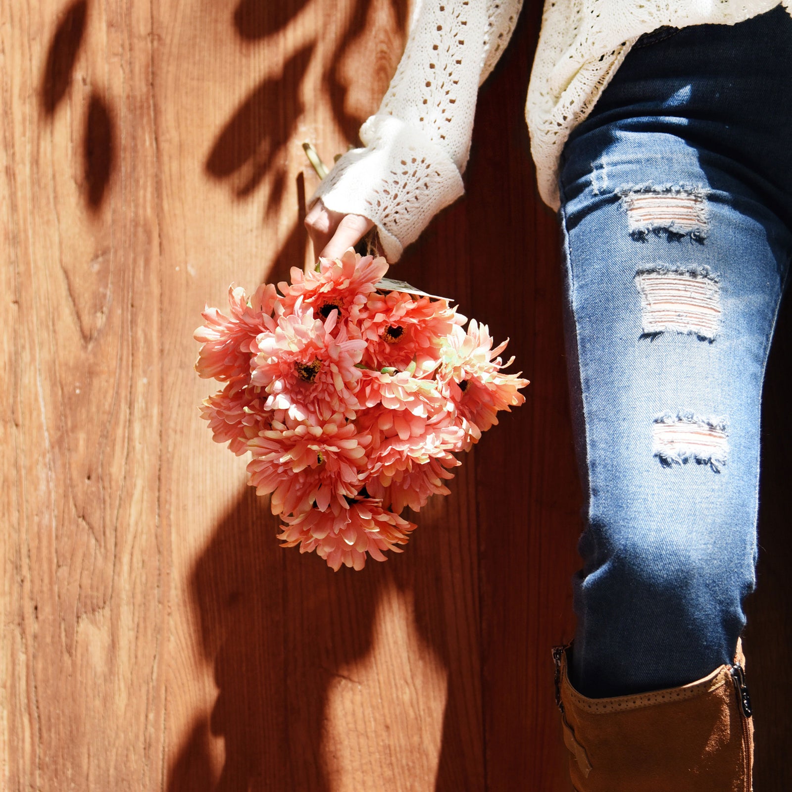 Orange pink silk gerbera flowers shown in an additional artificial flower product view.