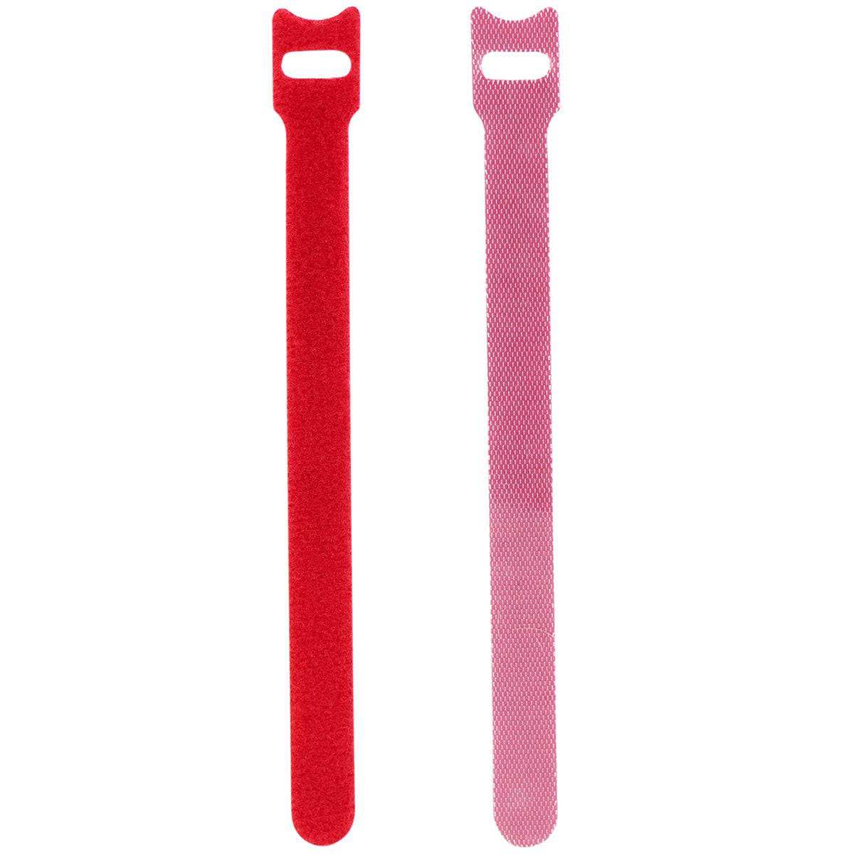 Two red reusable nylon hook and loop cable ties shown upright from a 50-pack for cord organization.