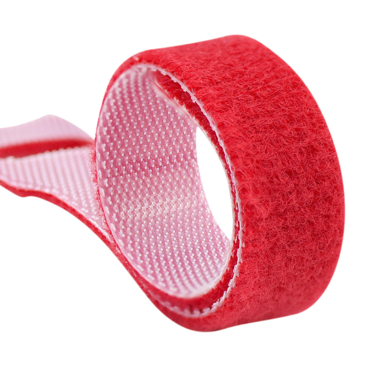 Red reusable nylon hook and loop cable ties shown in product view 3 for cord and wire organization.