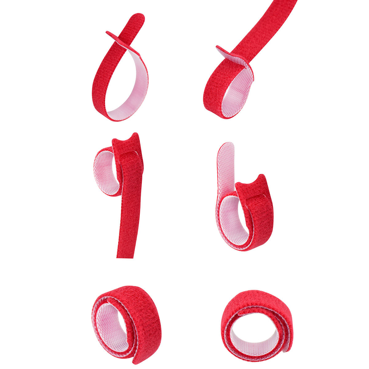 Red reusable nylon hook and loop cable ties shown in product view 4 for cord and wire organization.