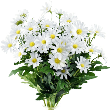 Simply White artificial daisy flowers, set of 2 bunches with green leaves.