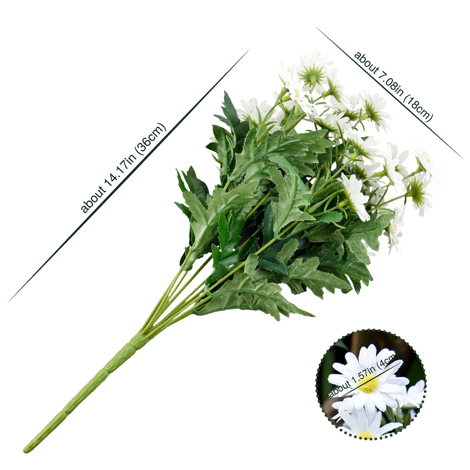 Detail view of Simply White artificial daisy blooms and green foliage.