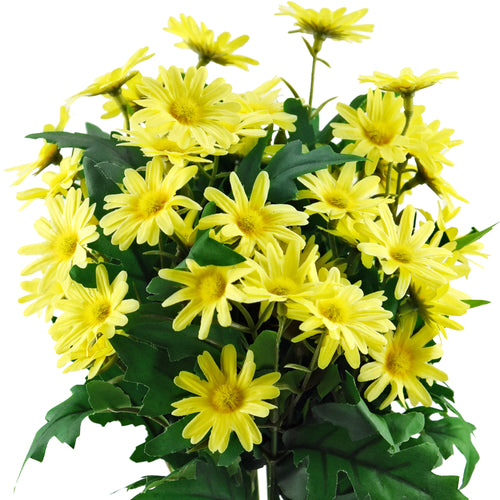 Sunny Yellow artificial daisy flowers, set of 2 bunches with green leaves.