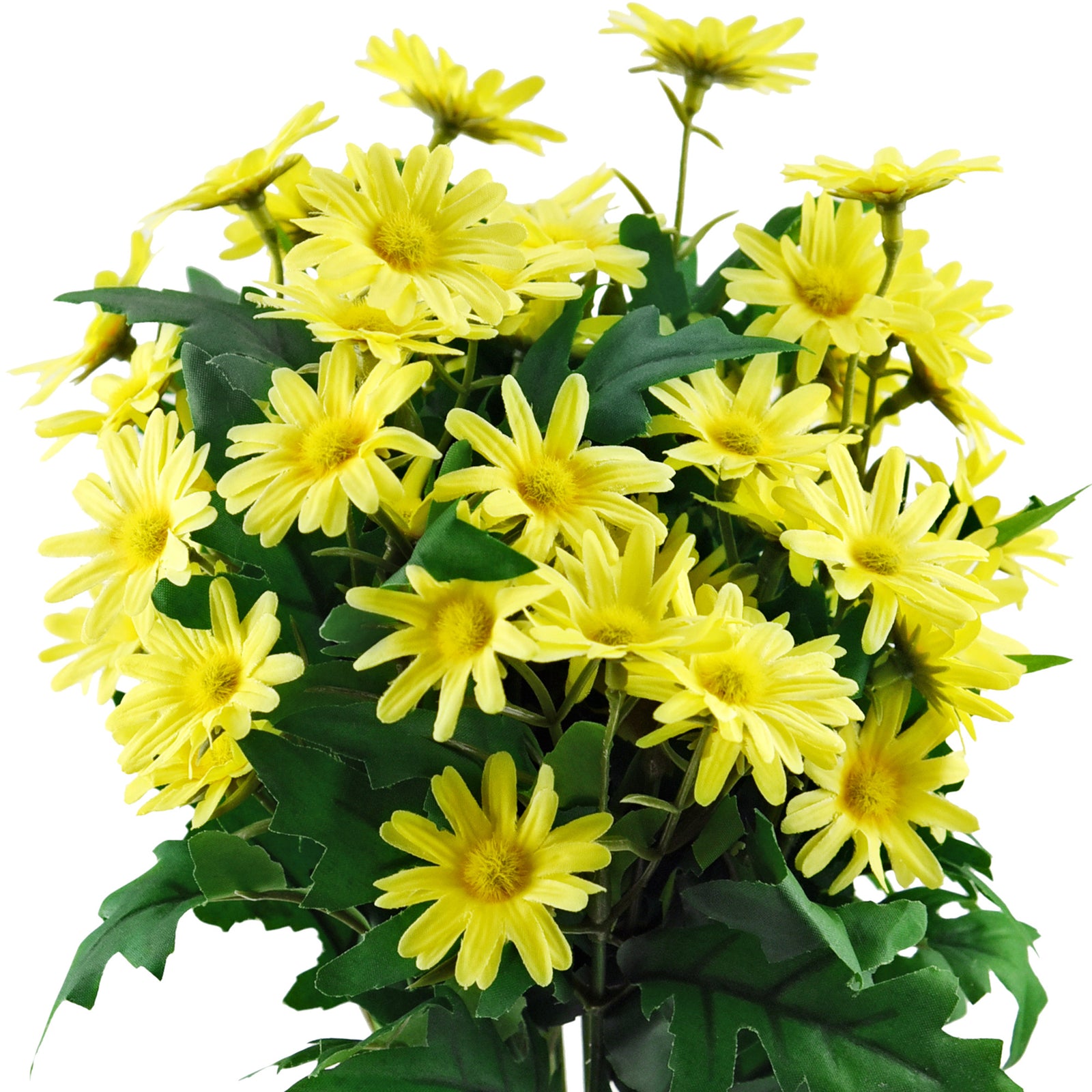 Sunny Yellow artificial daisy flowers, set of 2 bunches with green leaves.