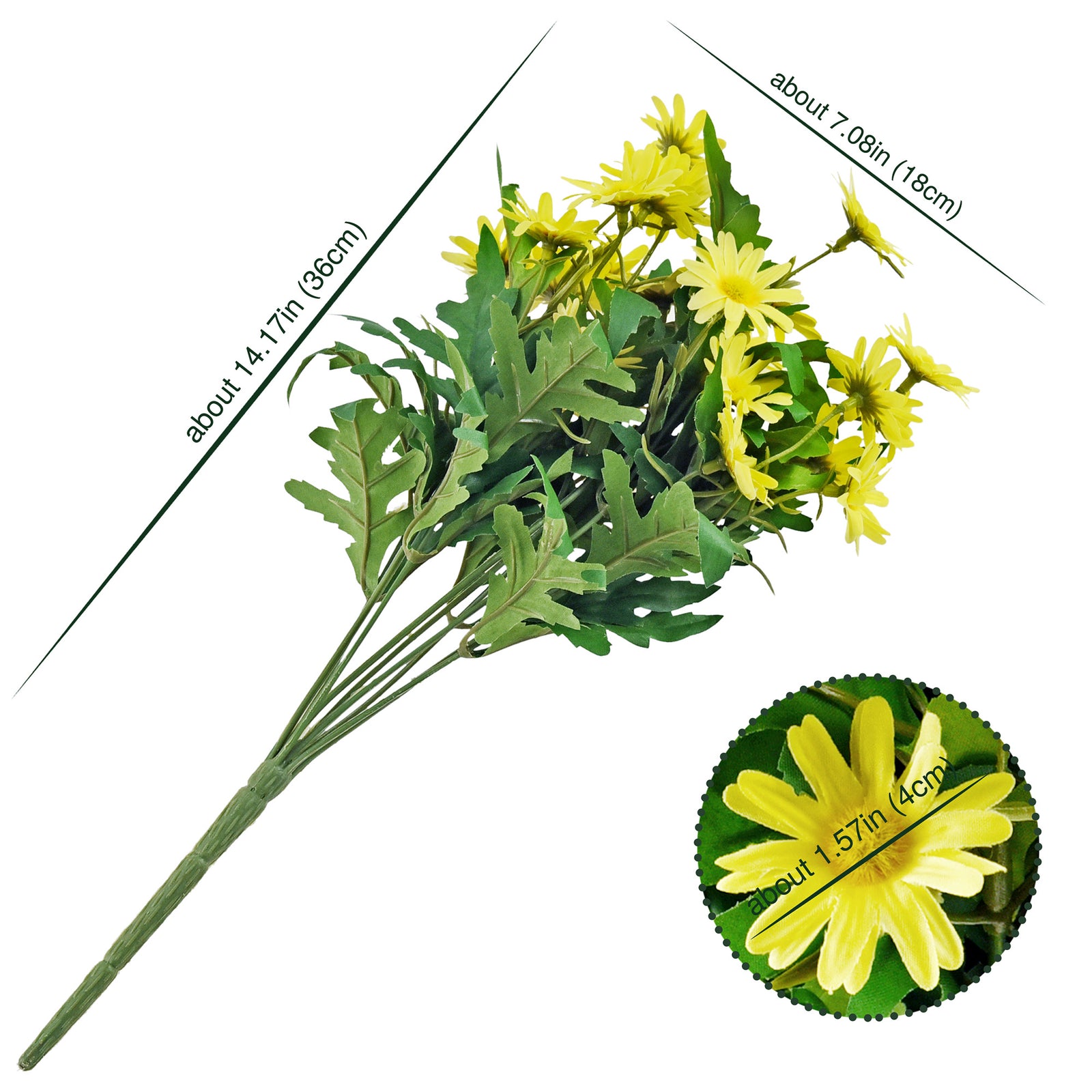 Sunny Yellow artificial daisy flowers with green leaves shown from another angle.