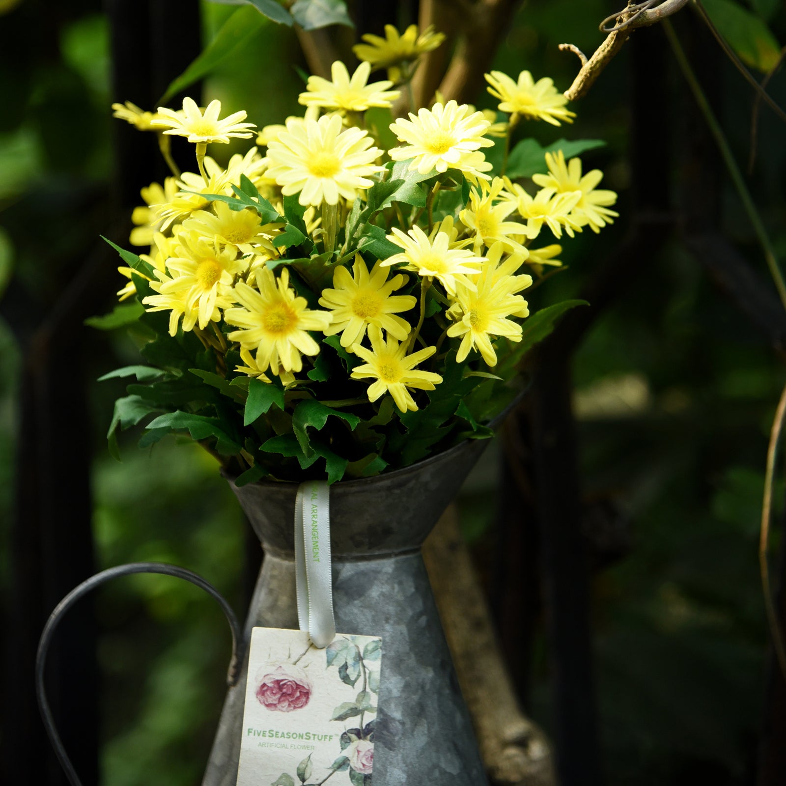 Sunny Yellow artificial daisy bunch product detail showing blooms, leaves and stems.