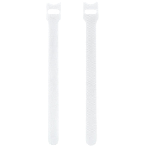 Two white reusable nylon hook and loop cable ties shown upright from a 50-pack for cord organization.