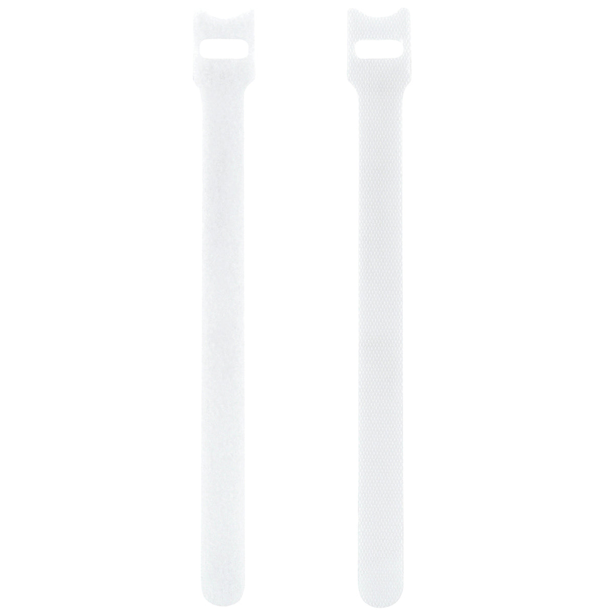 Two white reusable nylon hook and loop cable ties shown upright from a 50-pack for cord organization.