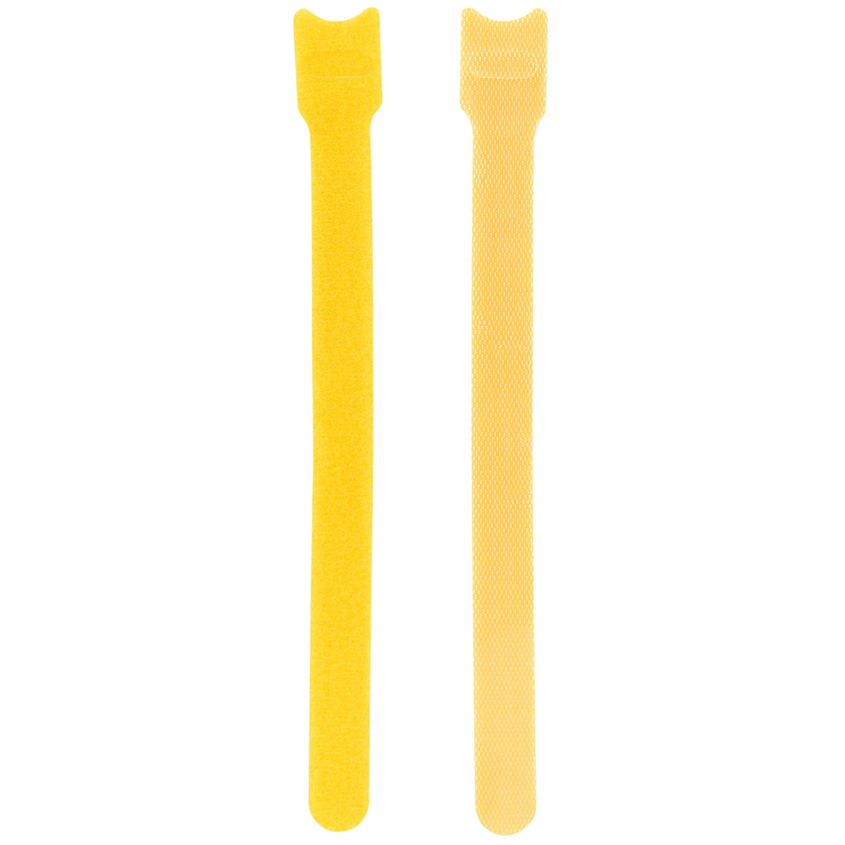Two yellow reusable nylon hook and loop cable ties shown upright from a 50-pack for cord organization.
